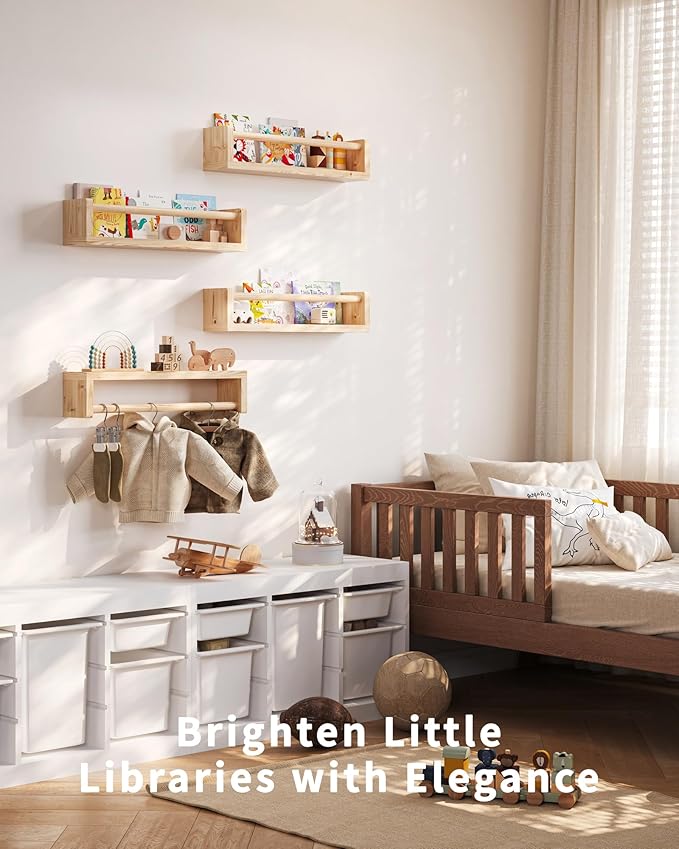 Nursery Book Shelves, 4 Pack, Wall Book Shelves for Kids Room, Baby, Toddler, Nursery Decor (Wood, 16.5 Inches)