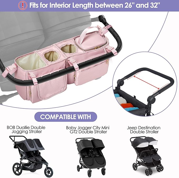 Double Stroller Organizer Compabitle with BOB Duallie and Baby Jogger City Mini GT2 Double Stroller, Double Parent Stroller Caddy Organizer with Cup Holder and Cooler Bag, Pink(Empty Bag)