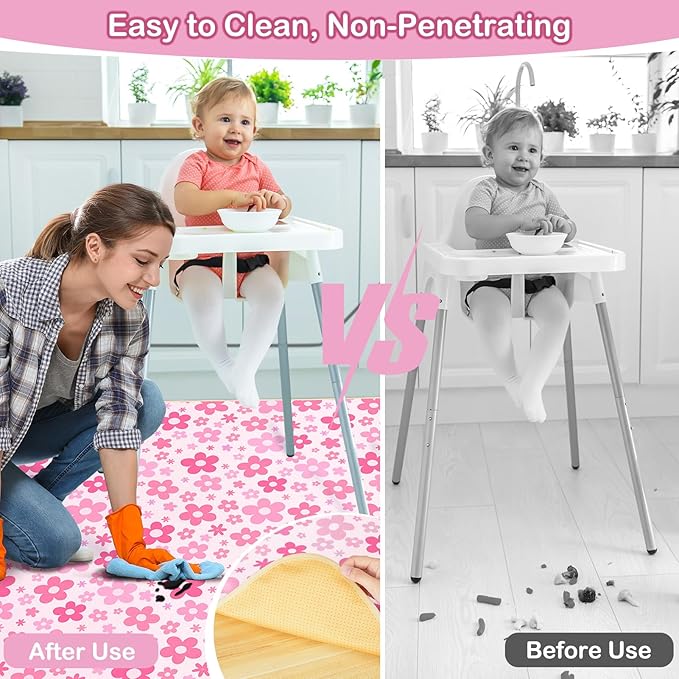 Basumee Splat Mat High Chair Mat Waterproof Baby Play Splat Mat for Under High Chair Food Catcher Highchair Mat for Floor Non Slip Bottom, Pink Flowers, 46x42 Inches