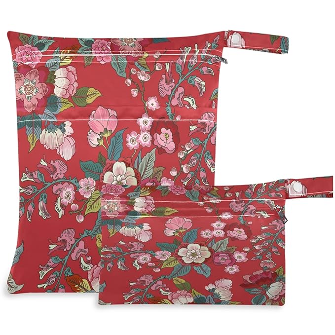 visesunny 2Pcs Wet Bag with Zippered Pockets Retro Style Flower Washable Reusable Roomy for Travel,Beach,Pool,Daycare,Stroller,Diapers,Dirty Gym Clothes, Wet Swimsuits, Toiletries