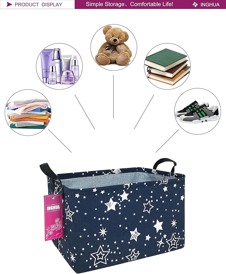 INGHUA Rectangular Storage Basket Fabric Organizer Bin for Toys,Books,Clothes,Gifts,Pets-Perfect for Home,Office,Nursery,Dorm,Shelf(Rec-Blue star )
