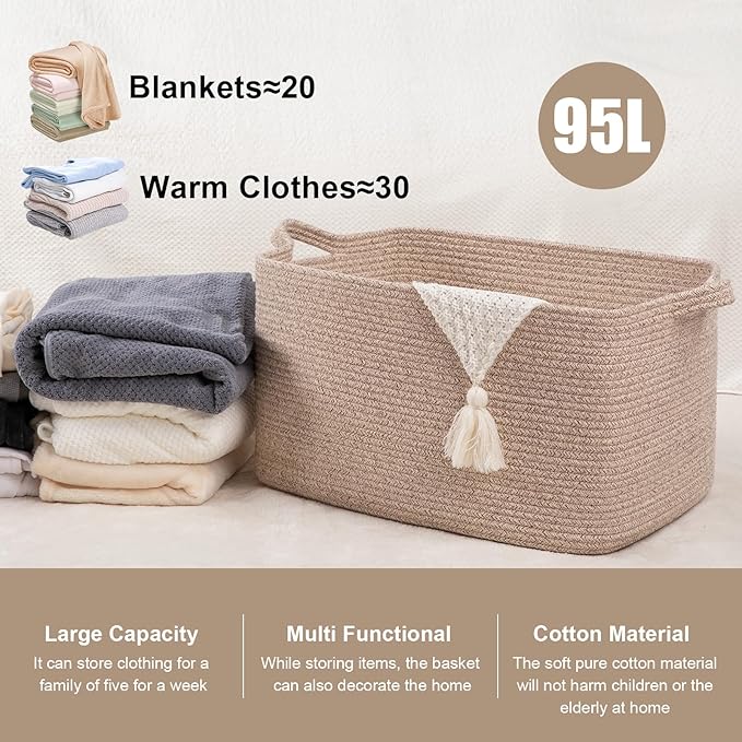 SIXDOVE 95L Large Storage Basket, Cotton Rope Woven Blanket Basket, Toy Storage for Baby Room, Living Room, 24" x 16.9" x 14.2", Brown