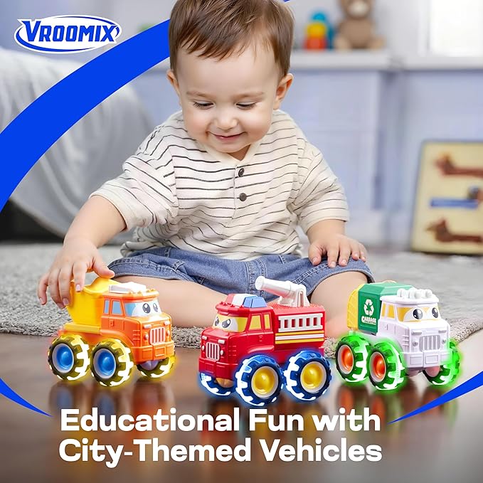 Vroomix Jova GlowRover 3 Pack Monster Truck Toys, City Utility Cars with LED Light Up Wheels, Friction Powered Cars for Toddlers Boys Girls Age 18 Month and Up, Birthday Gifts for Christmas