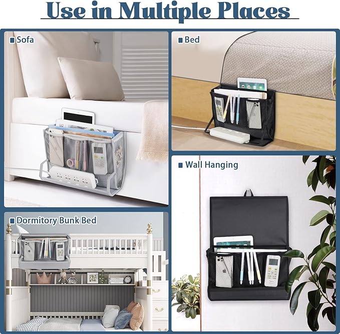 Retyion Bedside Storage Organizer with Power Strip Holder and Adjustable Straps Bed Hanging Bag for Home Bunk Bed Dorm Sofa (Light Gray)