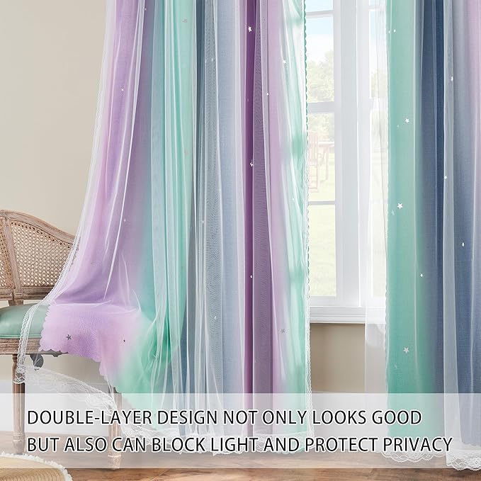 XiDi Purple Grey Green Curtains for Girls Bedroom 2 Panels Set, Rainbow Blackout Curtains for Kids Room Decor, Unicorn Wall Decals Grommet Drapes for Nursery Room 63 Inches Long 52 Inches Wide