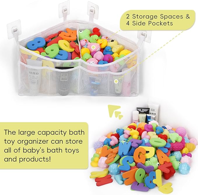 Goowin Bath Toy Organizer, Triangle Corner Bath Toy Storage, Quick Access Bath Toy Holder for Bathtub, Large Capacity Bath Storage for Toys, Quick Dry Mesh Bath Toy Holder for Hanging, White