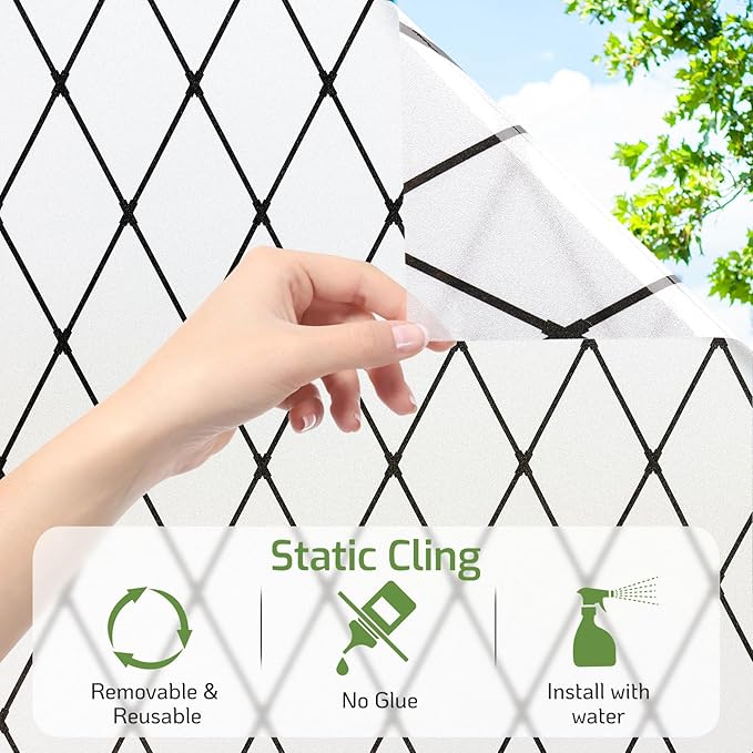 LUTE Frosted Window Privacy Film, Static Cling UV Sun Blocking Heat Control Window Cover, Removable Non-Adhesive Glass Sticker Vinyl Decorative Bathroom Frosting Decals, Black Lattice, 17.5" x 157.4"