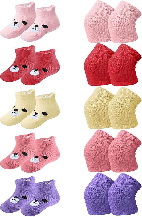 10 Pairs Baby Crawling Anti Slip Knee Pads and Anti Slip Baby Socks Set Unisex Toddler Knee Protectors Non Slip Ankle Socks