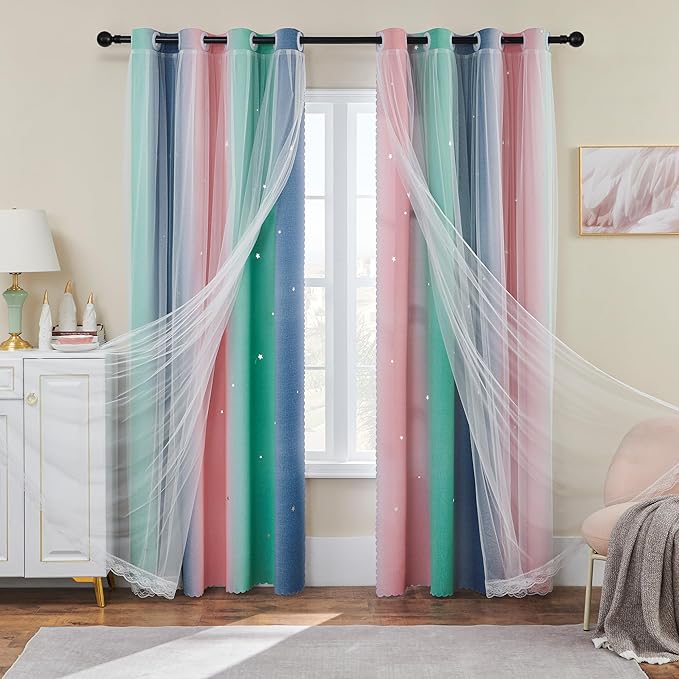 XiDi Curtains for Bedroom Decor, Rainbow Pinkgreen grey34/96