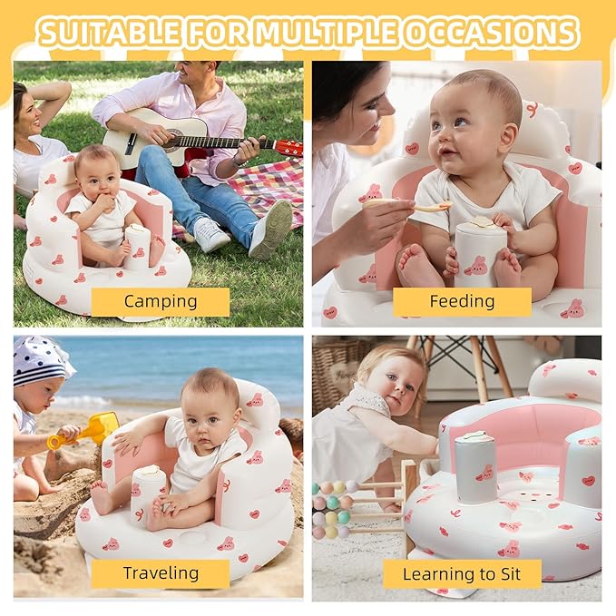 AGITVPS Inflatable Baby Seat for Babies 3-36 Months, Built in Air Pump Baby Chair Sit Me up Floor Seat for Baby, Bumbo Seat for Learning to Sit, Feeding, Camping (Pillar-Love Bunny)