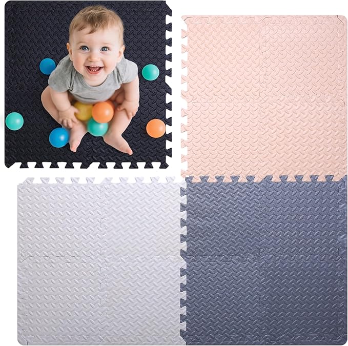 Coolcandy Baby Foam Play Mat 16Pcs with Edge Strips, 4 Colors Interlocking Floor Tiles, 0.4″ Thickened Non-Slip Puzzle Floor Mat for Infants Toddlers Playroom & Daycare