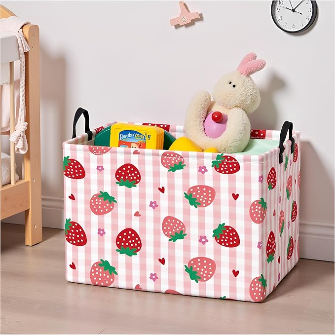TIBAOLOVER Rectangular Kids Storage Basket Boys for Home Kitchen Girls Cute Storage Bin Organizer Shelf Book Room Decor(Stawberry)