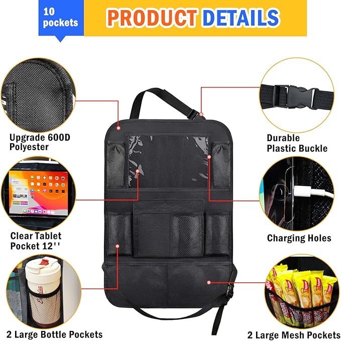 Backseat Organizer for Car, 2 PCS Seat Back Cover for Kids Toddlers with 10 Storage Pockets & 11″ Tablet Holder, Waterproof Back Seat Protector for Snacks Toys, Travel Accessories