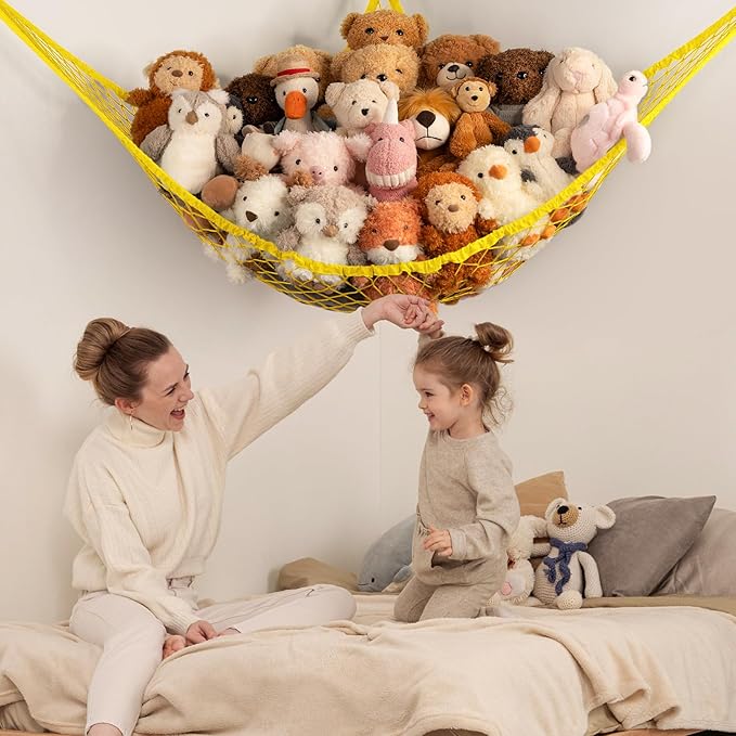 Stuffed Animal Storage Hammock Net Corner - Large Toy Hammock Net for Stuffed Animals Room Decor - Cute Stuff Animal Organizer Holder for Plush Plushie - Kids Baby Nursery Wall Bedroom Home Decor