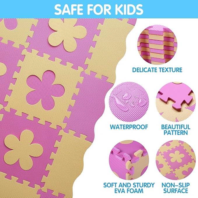 Tamiplay Foam Play Mat for Kids，25Pcs Square Interlocking Puzzle Floor Mat，Baby Play Mat Floor Mat Foam Puzzle Playmat for Toddlers with Fence（Pink Flower-CSH032