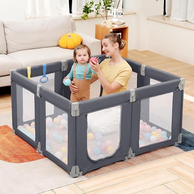 Dripex Small Foldable Baby Playpen, 49"x47" Small Space Play Yard for Travel - Portable Collapsible Play Pen for Babies, Indoor Outdoor Baby Fence, Grey