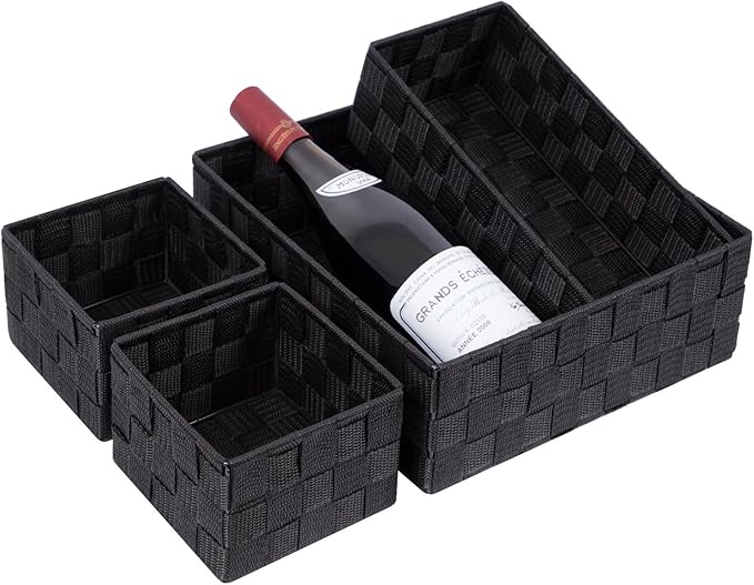 Posprica Small Black Baskets Cube Bin Container Tote,Woven Storage Baskets for Organizing Organizer Divider for Drawer, Closet, Shelf, Dresser, Set of 4