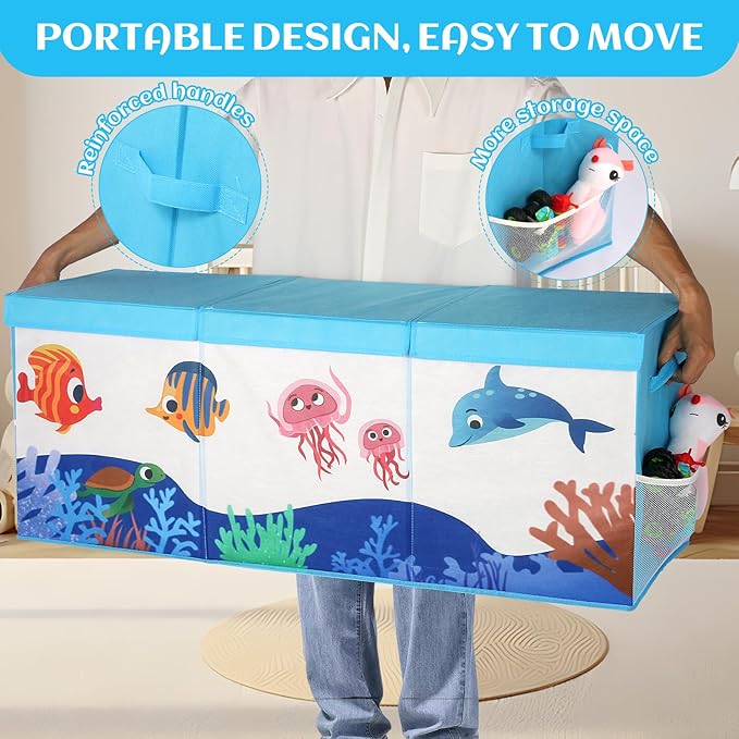 Dqoetort Extra Large Toy Box, Collapsible Storage Organizer with Lids, Sturdy Ocean Toy Chest for Boys Girls, 40"x14"x16" Kids Storage Bin Box Baskets for Living Room, Playroom, Bedroom, Nursery