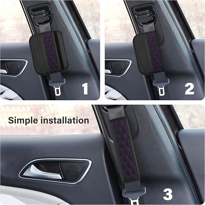 2PCS Car Seat Belt Cover Pads,Leather Seatbelt Covers Protect Shoulder and Neck Car Accessories Interior,Universal Car Seat Strap Pads Car Decorations for Most Cars Trucks (Black/Purple)