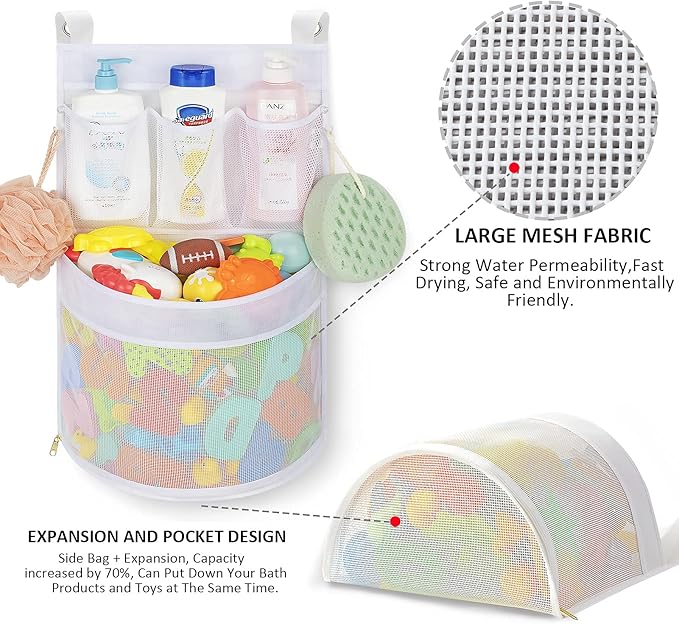 Baby Bath Toy Organizer, quick drying， and mould proof, Multiple-Suspension Bath Toy Holder, Large Capacity Multi Use Bathtub Toy Storage Bag（1 Large, White）