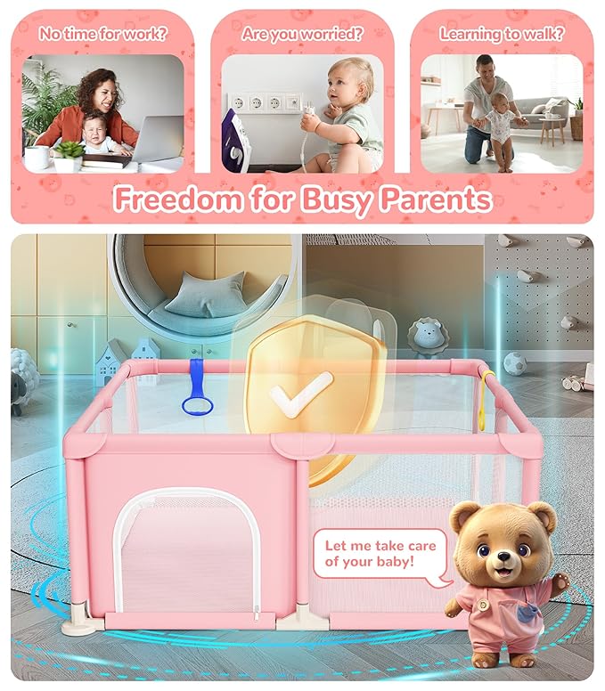Dripex Baby Playpen, 52×52 Inch Small Playpen for Babies, Enhanced Safety Baby Play Yard for Indoor & Outdoor, Infant Play Pen with Soft Breathable Visible Mesh, Anti-Fall Design & Easy Setup, Pink