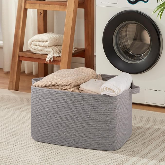 OIASKET Large Blanket Basket, Blanket Storage Living Room, Rectangle Woven Baskets for Storage Toys, Towels, Dirty Clothes Organizer Bins (Light Grey)