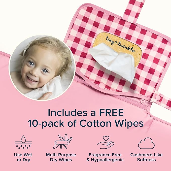 Tiny Twinkle Portable Diaper Changing Pad | Waterproof, Wipeable & Compact Baby Changing Pad for Travel | Smart Wipes Pocket & Organized Storage| Newborn Shower Gift (Raspberry Gingham)