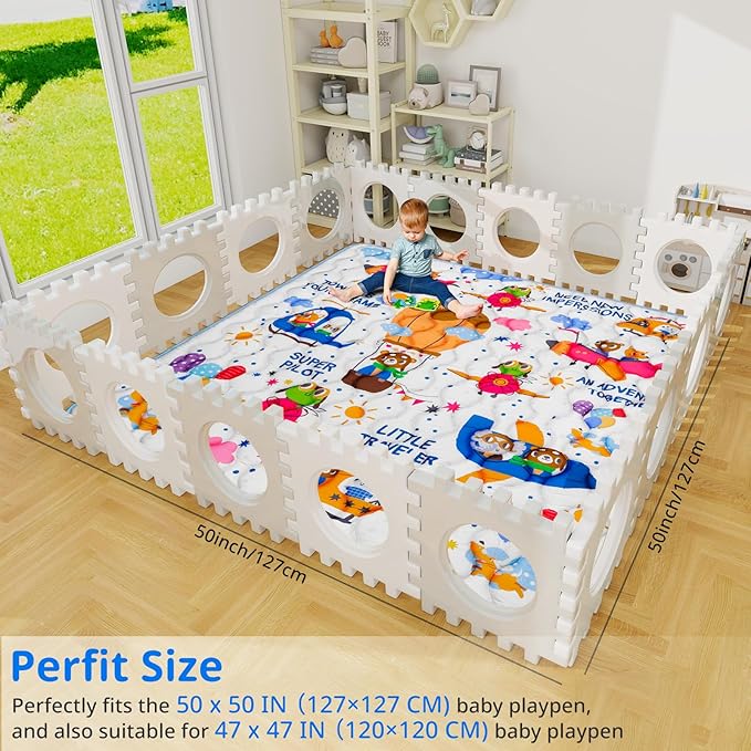 Baby Gyms Playmats for Playpen Boho Rainbow Play Mat for Playpen Playyards Thicken Soft Padding Foam Playmats for Babies (50"×50", 12- Animal Pilot)