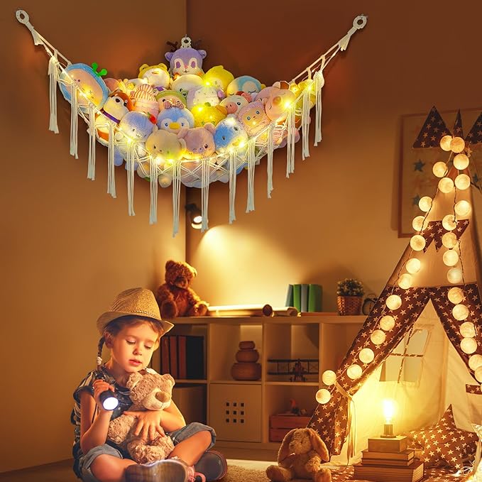 Basumee Stuffed Animals Net or Hammock with LED Light, Hanging Stuffed Animals Storage Toy Hammock Net Corner Wall Girls Room Decor Toy Storage Organizer, Cream, L
