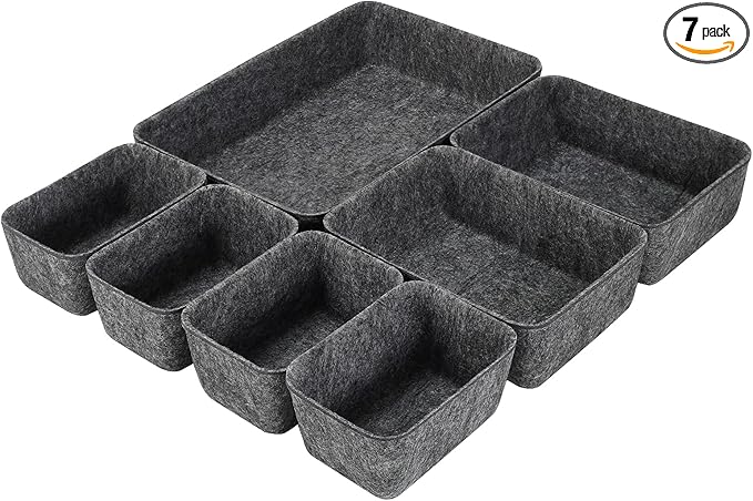 Desk Drawer Organizer Tray Dividers Set Kitchen Bathroom Office Drawer Organizers Separators Shallow Felt Storage Bins Container for Makeup Juck Jewelry Utensils Tools Dresser, Grey, 7 Pack