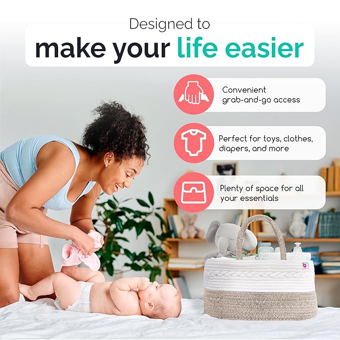 Babynma Rope Diaper Caddy - Storage for Baby and Toddler Items - Portable Cotton Organizer Easily Holds Diapers, Wipes, Clothing - Useful for Nursery, Bedroom (Beige, Extra Large)