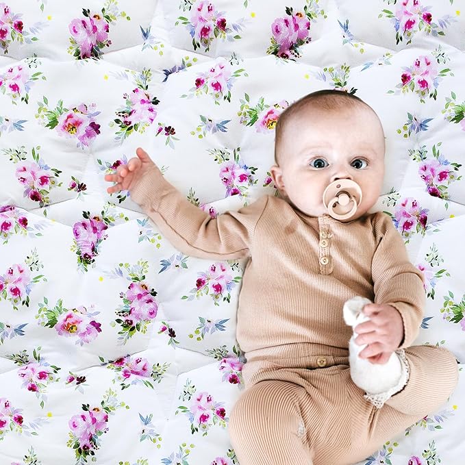 Baby Playpen Mat 59x59 Inches, One-Piece Crawling Non Slip Padded Pad for Playing, Baby Play Floor Mat for Babies, Toddlers, Floral