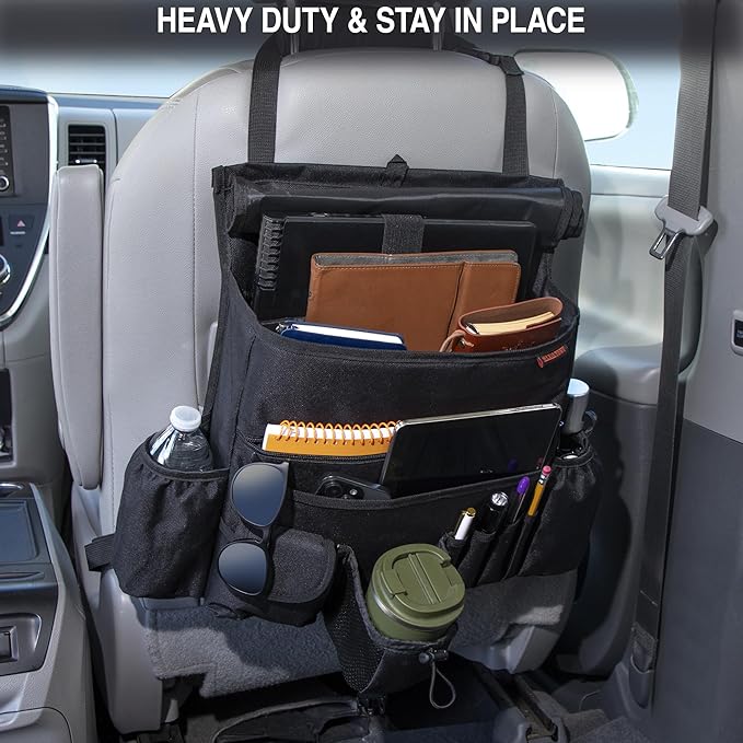 Front Seat Car Organizer with flap – Convertible into Shoulder Bag – Fits Front or Back of Seat – Heavy Duty Car Organizer with Flap with Buckle Closure