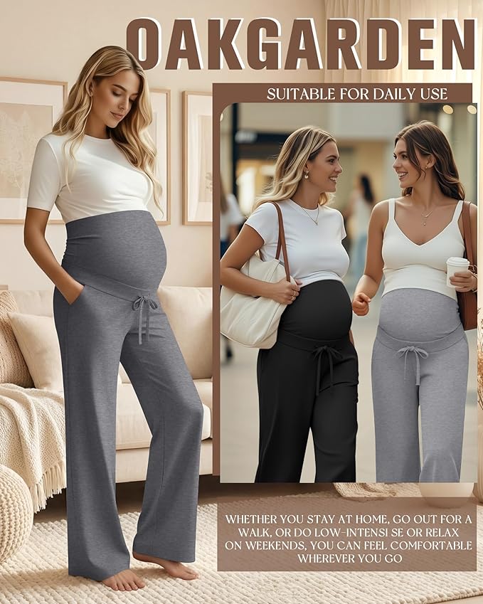 3 Pcs Maternity Sweatpants Over The Belly Pregnancy Straight Wide Leg Elastic Drawstring Pants Joggers with Pockets