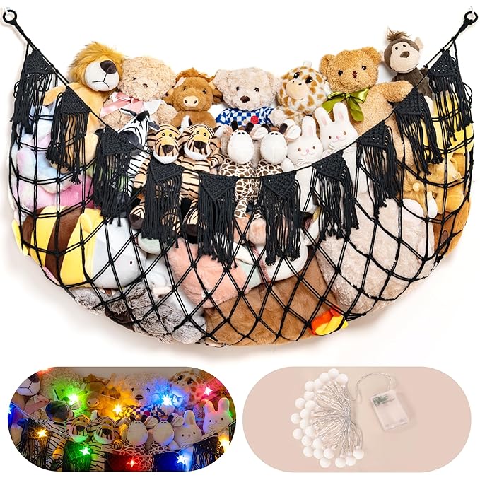 Boho Macrame Stuffed Animal Hammock with LED Lights – Large Wall Hanging Plushie Net, Corner Toy Organizer for Kids Bedroom, Nursery, Playroom & Dorm (Black XXL)