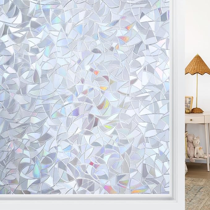 Haton Window Privacy Film, Stained Glass Rainbow Film Decorative Window Clings, Static Cling Sun Blocking Sticker, One Way Cover Tint for Home Heat Control, Non-Adhesive, Silver 23.6" x 78.7"