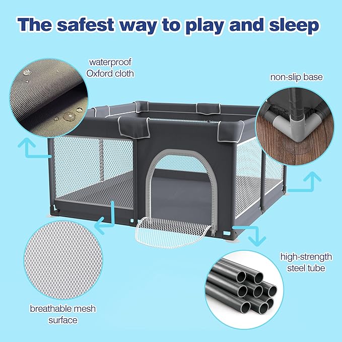 Grobeybees Playpen for Babies and Toddlers, Large Baby Playpen, Playard with Bag, Indoor & Outdoor Play Pen, Sturdy Safety Baby Play Yard with Soft Breathable Mesh (Grey)