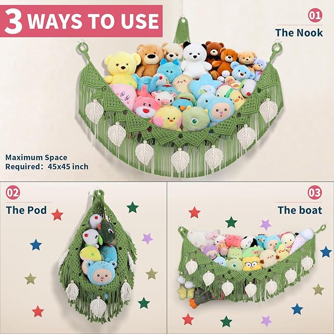 Stuffed Animal Hammock Corner, 56'' Large Boho Leaf Macrame Wall Mount Toy Hammock, Hanging Net Organizer for Teddy Plush, Avocado Green Nursery Toy Net w/Star Lights for Kid Girls Boys Gift