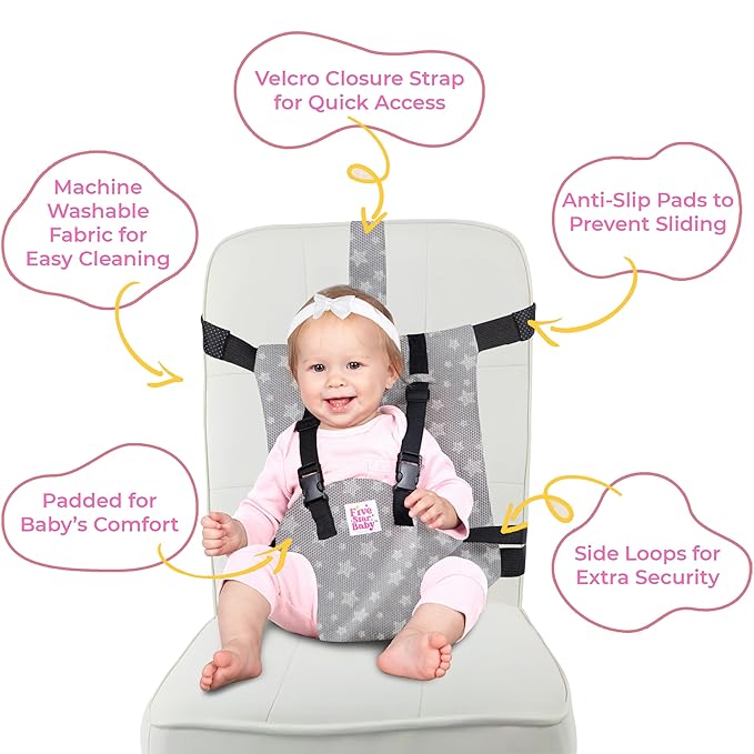 Portable Baby Chair Strap – Travel Dining Seat Cover for Babies & Toddlers | Portable Baby Chair for Travel | Compact, Foldable Baby Seat Cover – Grey Star