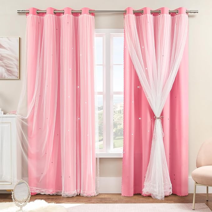 XiDi Pink Blackout Curtains for Girls Bedroom Living Room 108 Inches Long 2 Panels Hollow Star Nursery Kids Thermal Insulated Room Darkening Drapes Grommet Noise Reducing Window Curtains 42Wx108L