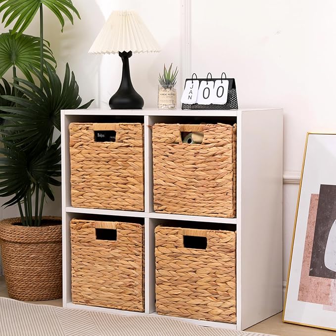 Wicker Storage Basket Foldable Hyacinth Storage Box Set of 2, 12x12x12 Inch - Handmade Woven Basket for Closet,Shelf Organization & Decor