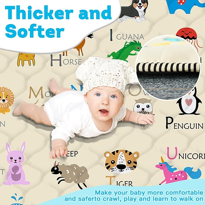 Baby Play Mat，Thick Soft 50" X 50" Playpen mat, Non-Slip and Machine Washable Baby Play Mats for Floor，Crawling Mat for Babies, Toddlers & Infants to Play and Learn (Beige Animal, 50" X 50")