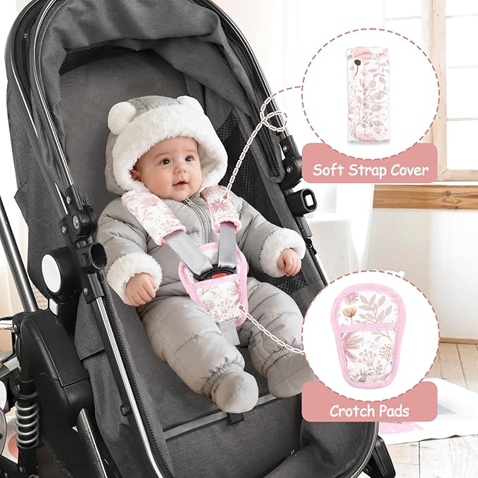 WINGHENLEE Baby Car Seat Strap Pads Suit, 3 Pieces Soft Car Seat Strap Shoulder Covers for Baby Infant Toddler, Double-Sided Car Seat Belt Covers for Stroller, Pushchair, Baby Swing, Pink Floral