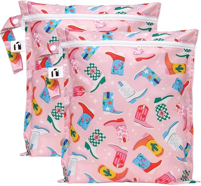 Bumkins Roamio - Waterproof Wet Bag - For Baby, Travel, Swim Suit, Cloth Diapers, Pump Parts, Pool, Gym, Toiletry, Strap to Stroller - Reusable & Easy to Clean - 2pk Cowgirl Boots