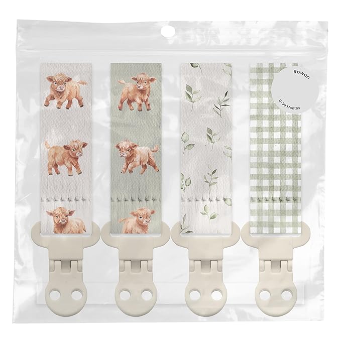 Stadela Baby Fabric Pacifier Clip Holder, Plastic Clip, 4‑Pack, Farm Pattern, Rowan Set
