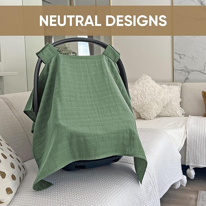 MOZAH Baby Car Seat Cover - Roman Green - 100% Organic Muslin - Soft, Breathable and Lightweight, Baby Infant Car Seat Essentials