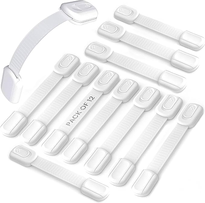 12 Pack Child Proof Cabinet Locks – No Screws & Magnets Needed - Cabinet Locks Baby Proofing With Strong 3M Adhesive Latches For Drawers, Furniture, Ovens, Toilet Seats, Trash Cans, Microwaves (White)