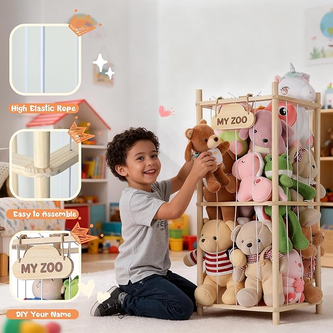 LAMU Stuffed Animal Storage Zoo, Wooden Stuffed Animals Organizer & Holder for Kids with Elastic Cords, Space Saving Plushies Toy Organizer, Easy to Setup Plush Toy Cage for Playroom Bedroom Nursery