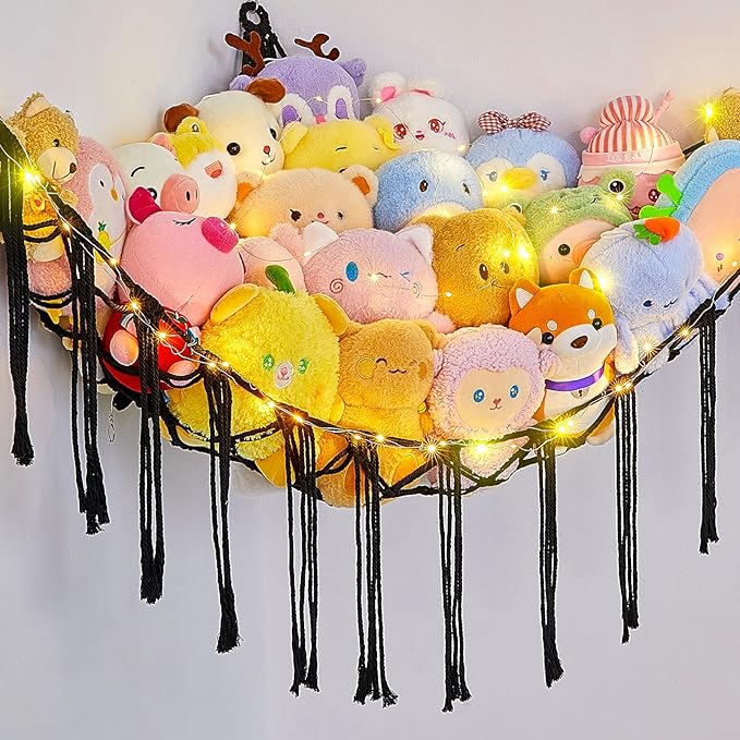 Basumee Stuffed Animals Net or Hammock with LED Light, Hanging Stuffed Animals Storage Toy Hammock Net Corner Wall Girls Room Decor Toy Storage Organizer, Black, L