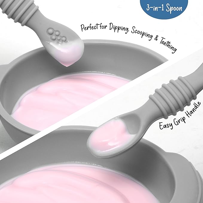 PrimaStella Unbreakable Silicone Non-Slip Bowl and Chew Spoon Set for Babies and Toddlers (Stone)